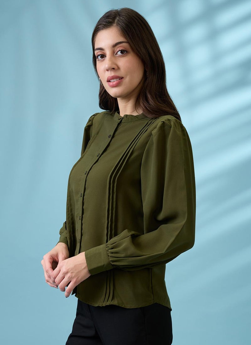 Globus Women Green Pleated Mandarin Collar Cuffed Sleeves Workwear Shirt - Image 3